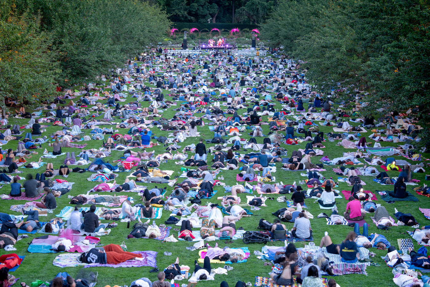 Thousands of people lying on blankets across the Cherry Esplanade lawn at dusk, facing a small lit stage in the distance.